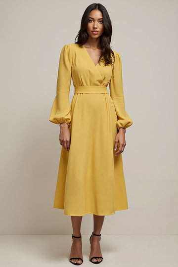 V Neck A Line Yellow Midi Work Dress